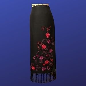 Inc INTERNATIONAL CONCEPTS Embroidered Tassel Fringe MIDI SKIRT, Black, Size 10